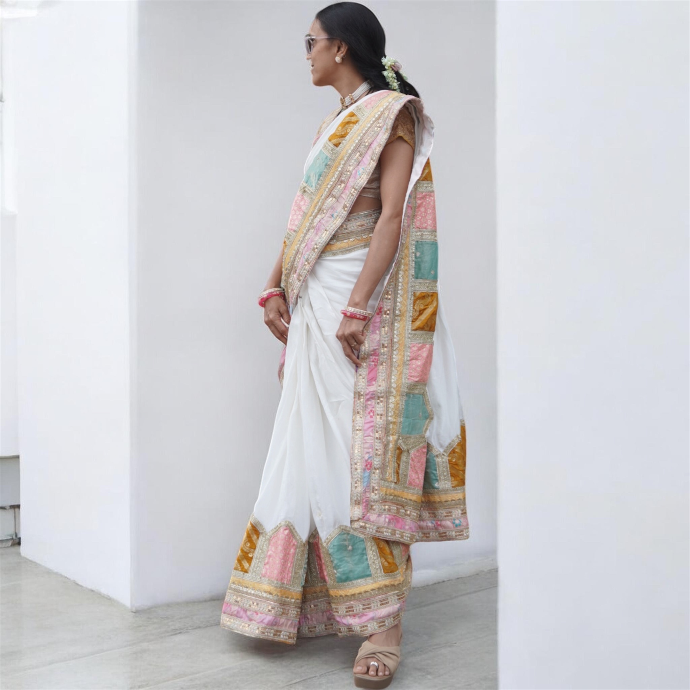 Ivory White Parsi Gara Inspired Designer Saree with Pastel Patchwork | House of Revaa